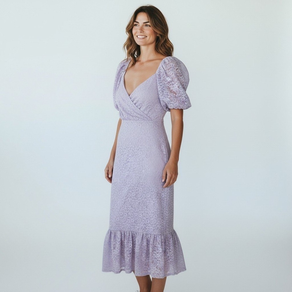Majorelle Lavender Floral Lace Puff Sleeve Ruffle Hem Dress cottagecore boho S